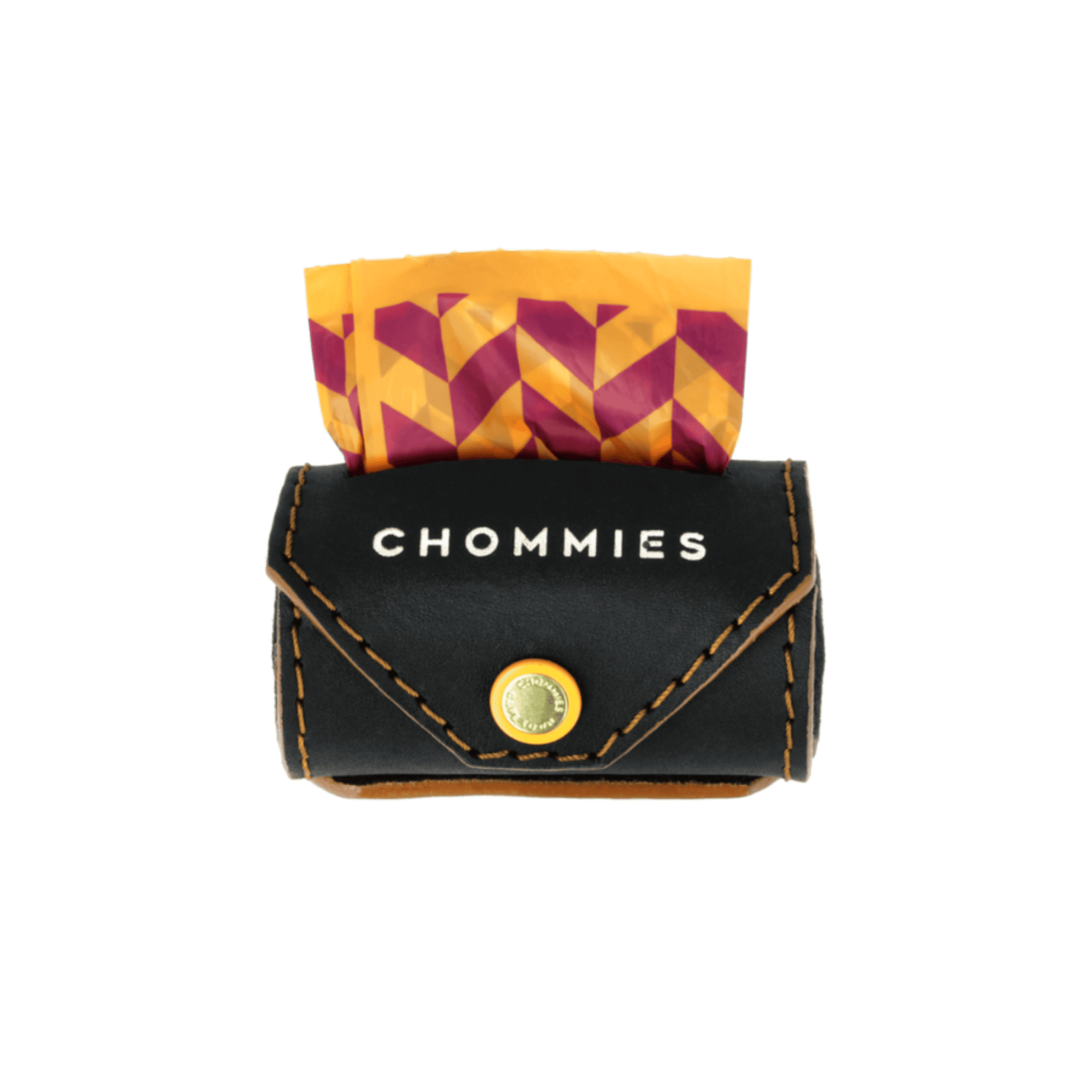 Peach (Apricot ) leather poo bag with a colorful fabric inside on a transparent background