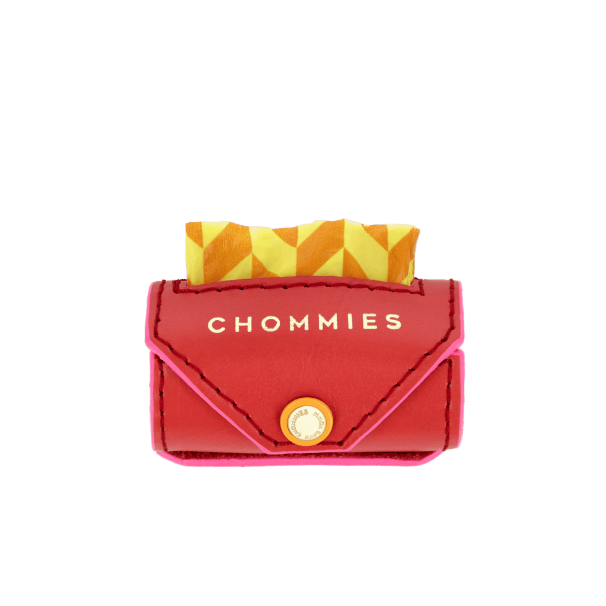 Red pouch with yellow geometric pattern on a green background, branded 'Chommies'.