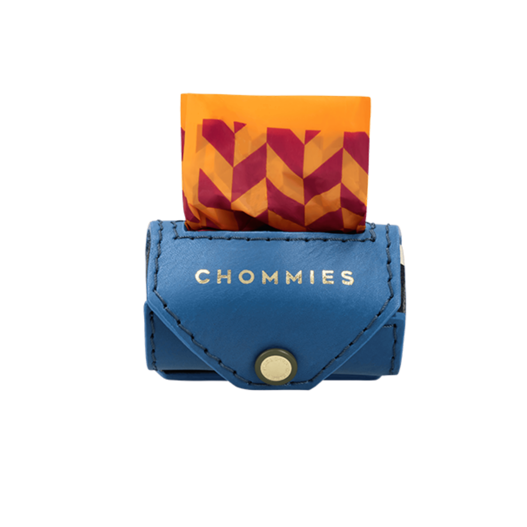 Blue (bloublomrtjie) leather poo bag with a colorful fabric inside on a transparent background