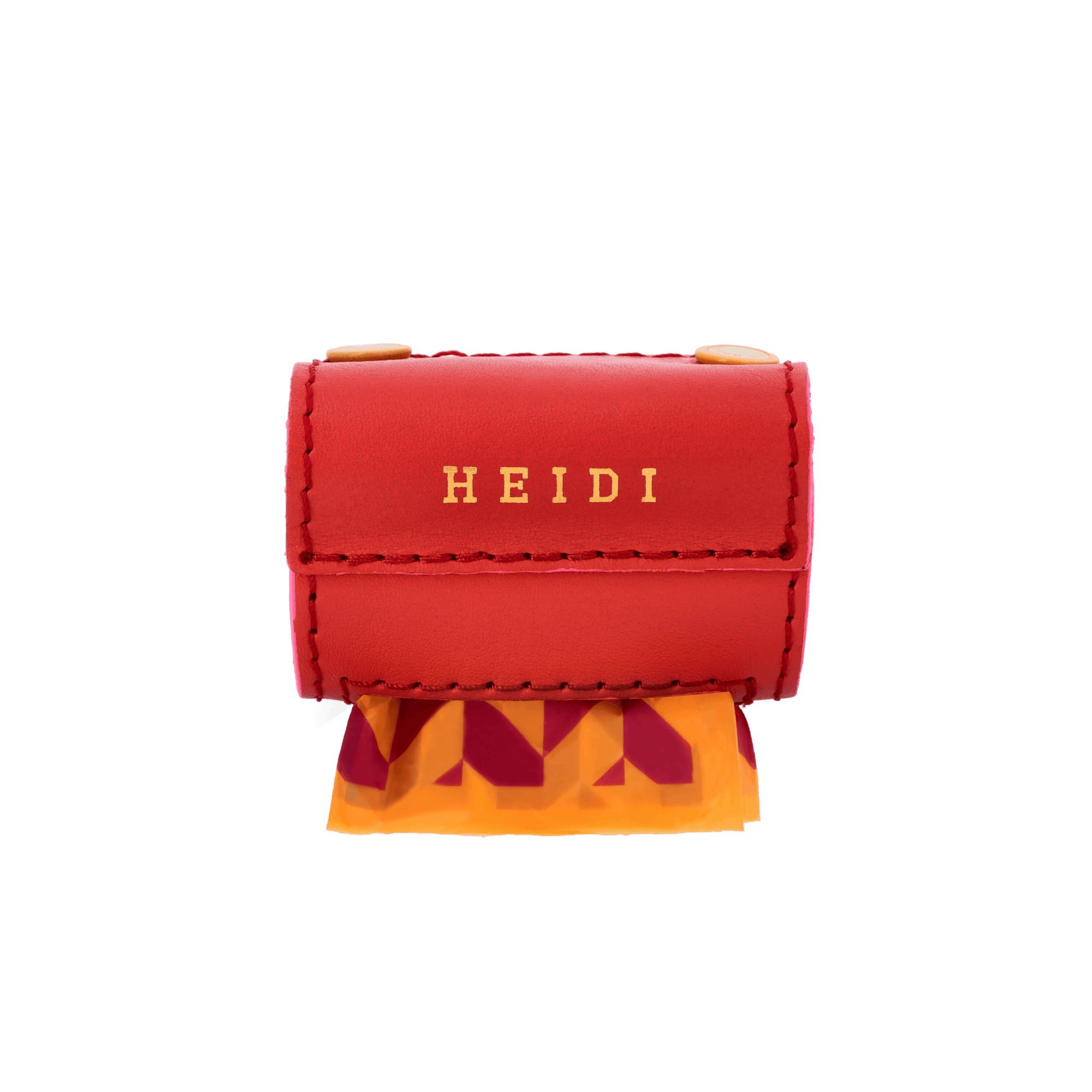 Red poo bag with poo bags that are geometric pattern on top and gold chommies buttons on a transparent background