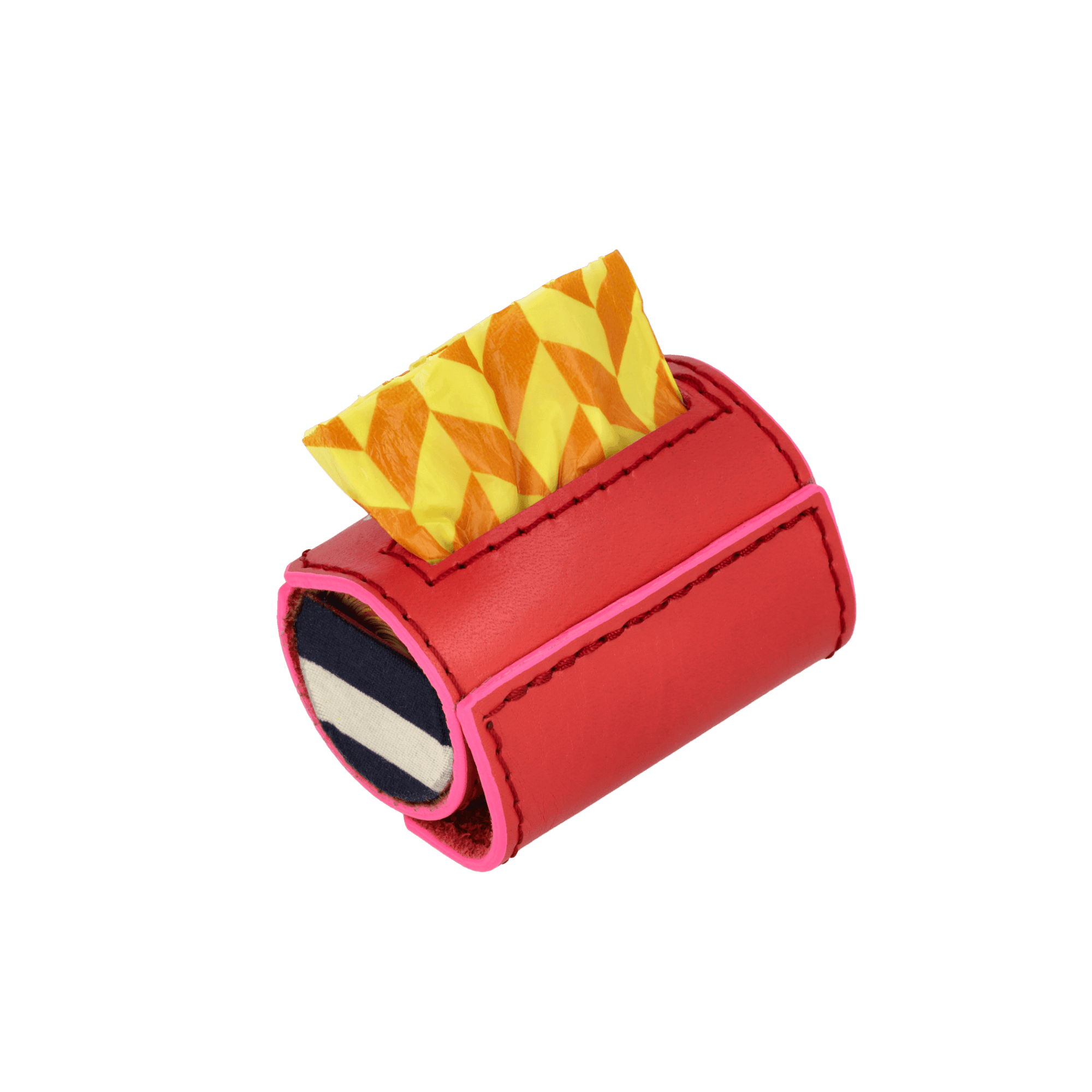 Red poo bag with poo bags that are geometric pattern on top and gold chommies buttons on a transparent background