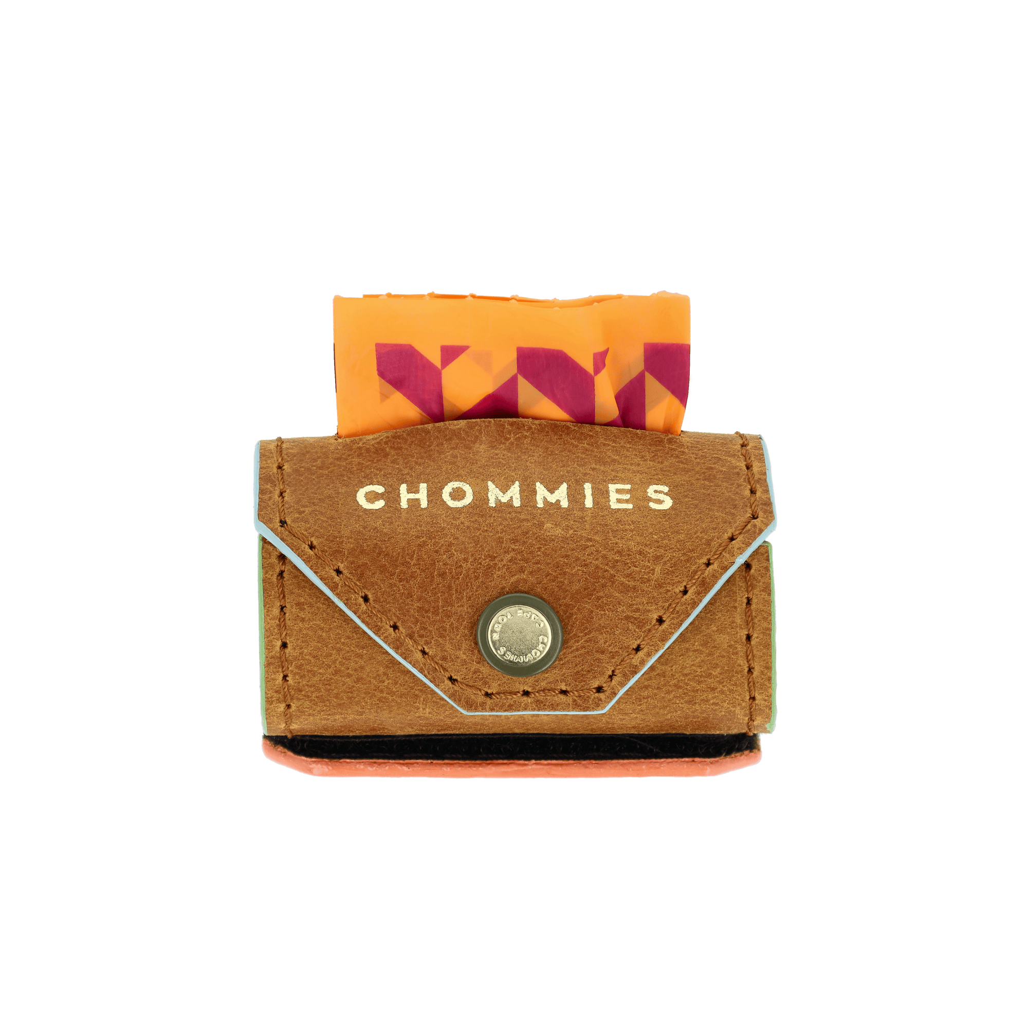Brown poo bag with 'CHOMMIES' branding.