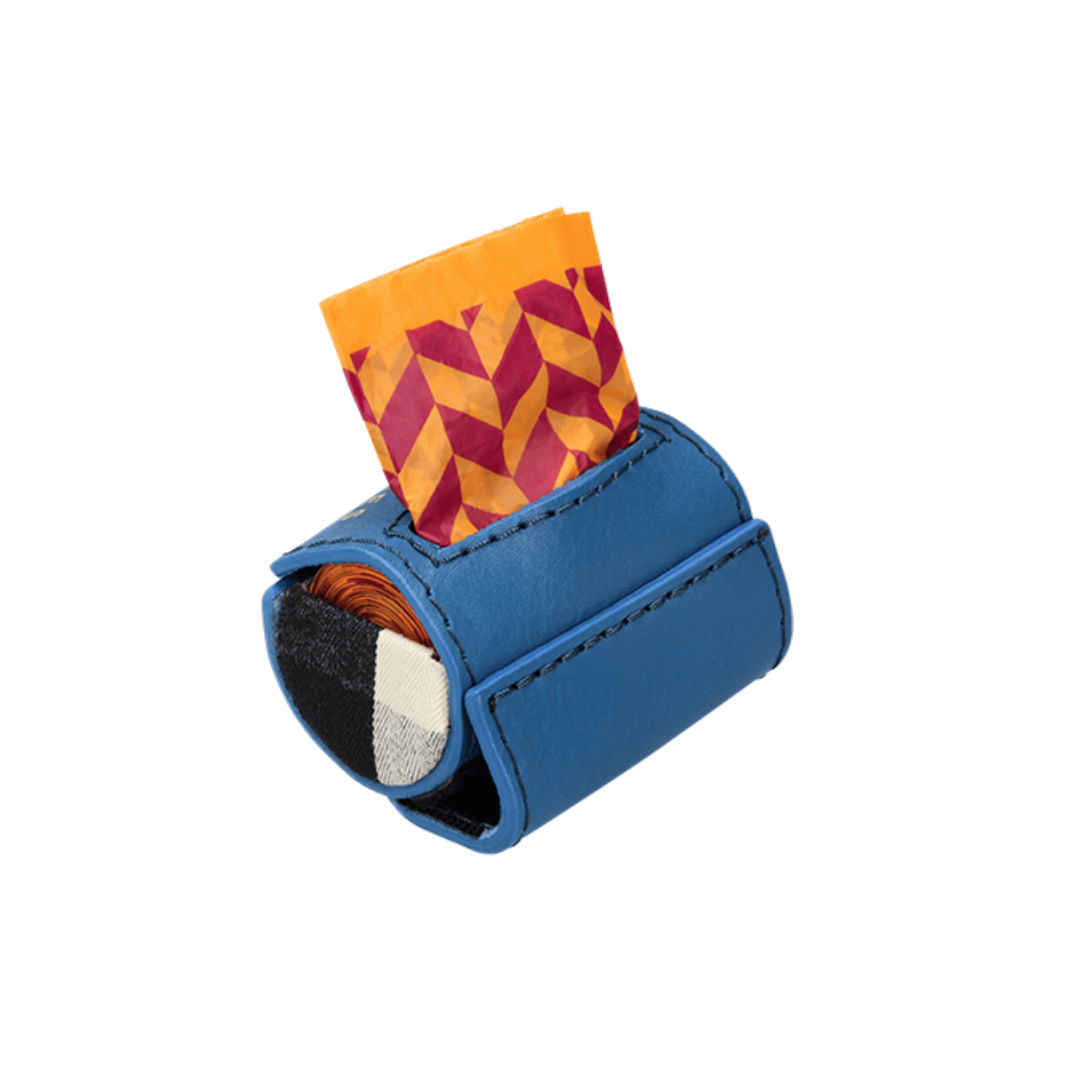 Blue (bloublomrtjie) leather poo bag with a colorful fabric inside on a transparent background