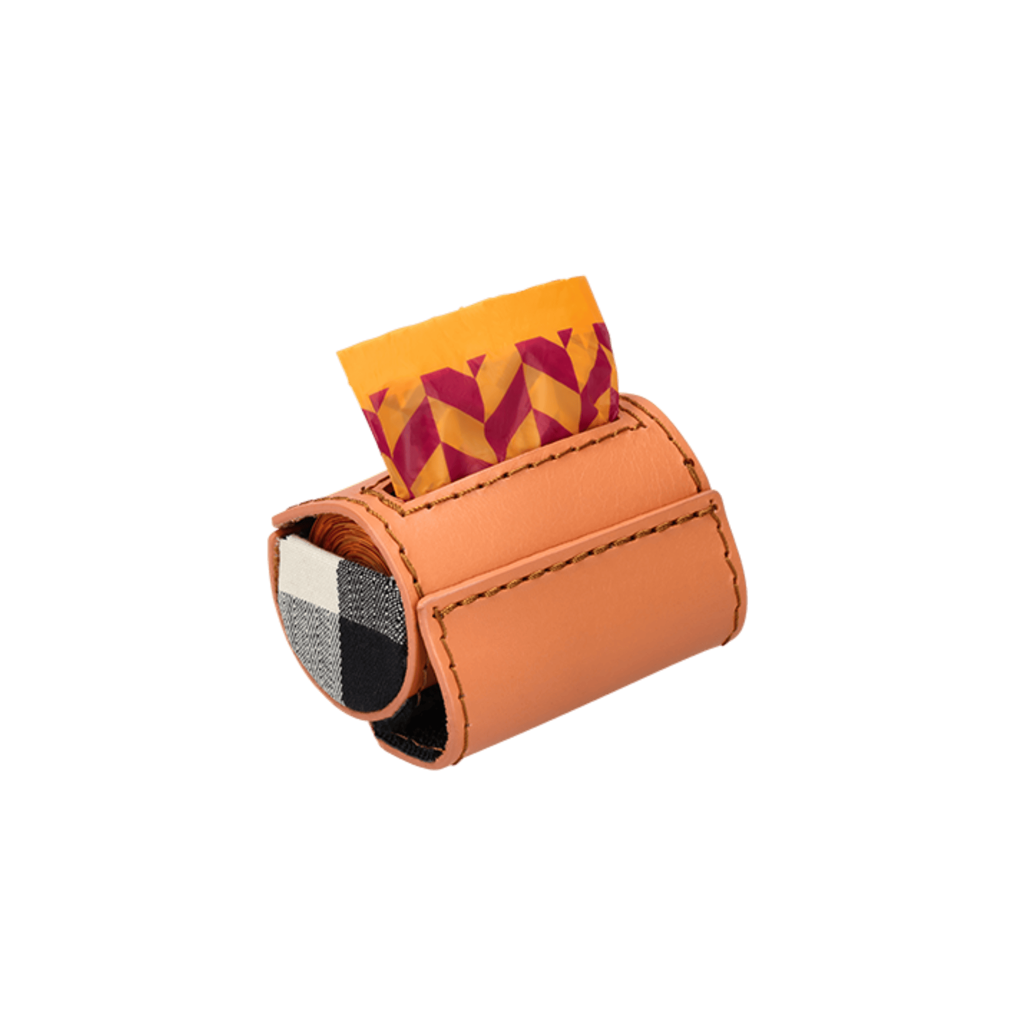 Peach (Apricot ) leather poo bag with a colorful fabric inside on a transparent background