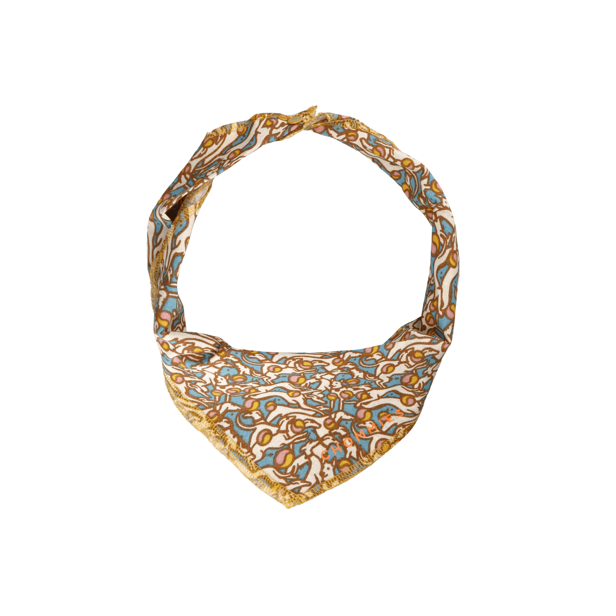 A bandana with a geometric pattern in yellow, blue, and brown colors designed for dogs.