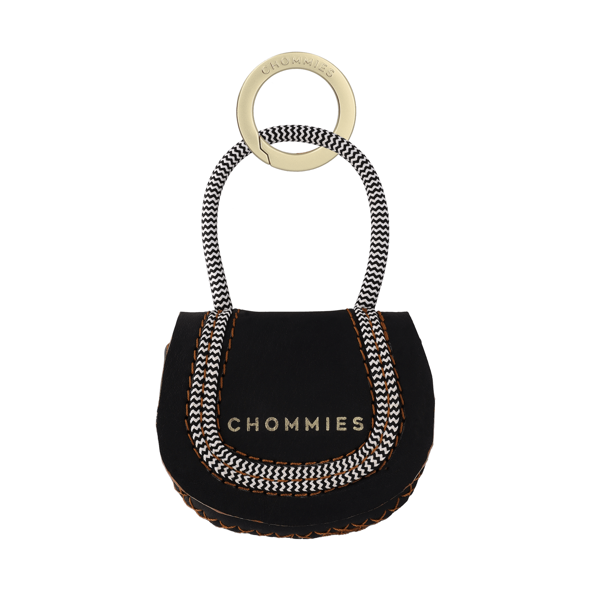 Hendrix (black) poo bag with brass holder and rope strap on a transparent background