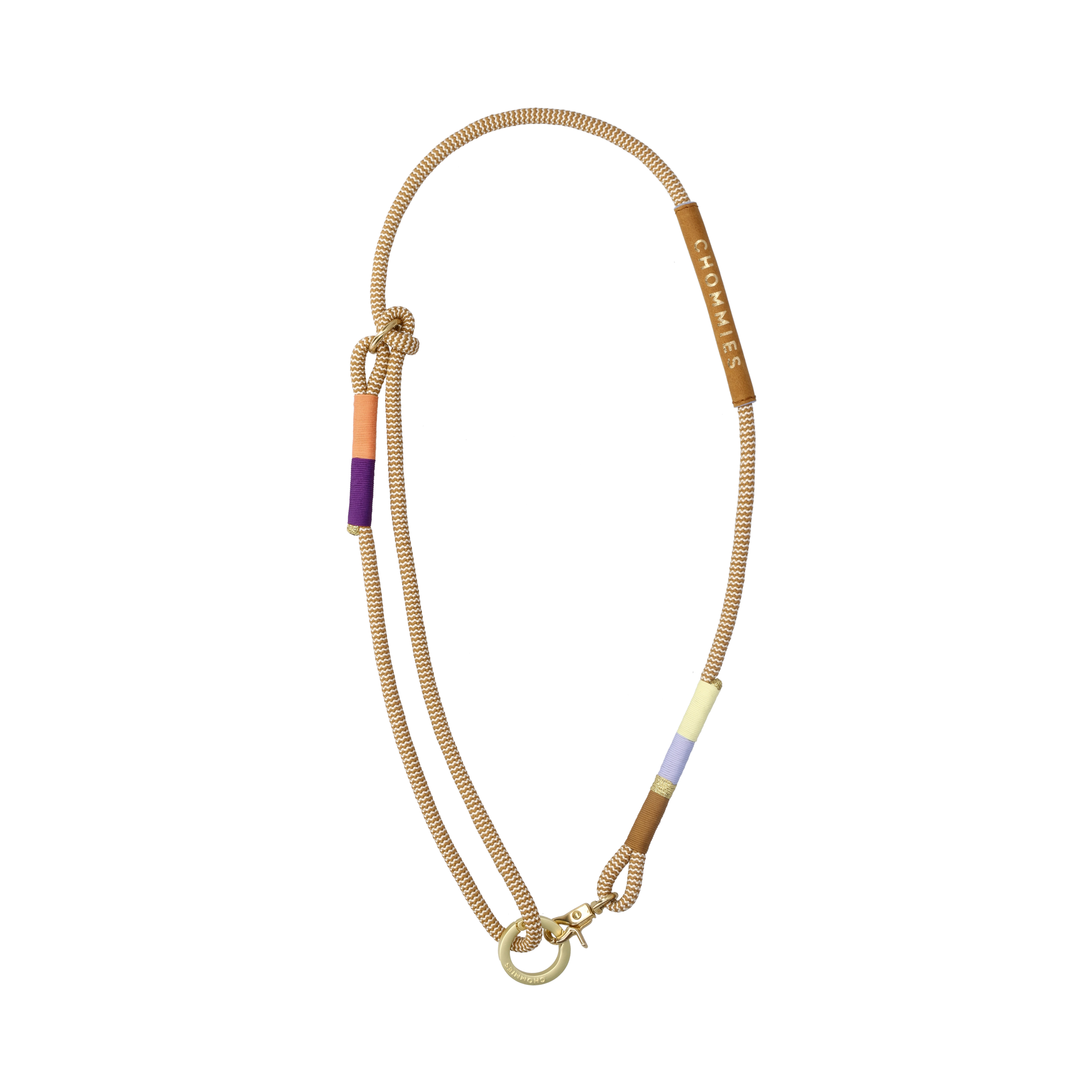 Lanyard with colorful cord and brass clasp on a white background