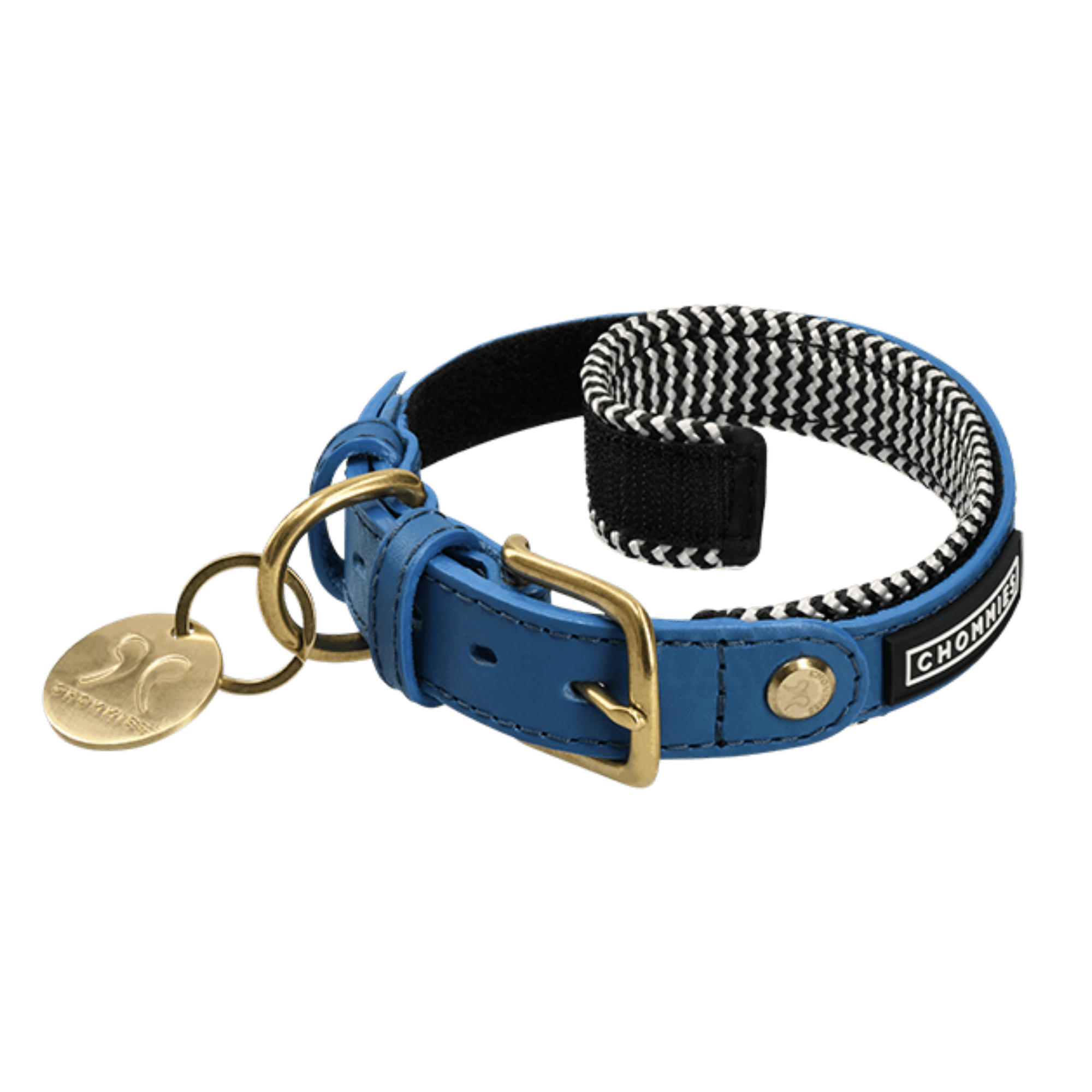 Blue dog collar with gold hardware and a gold tag on a transparent background