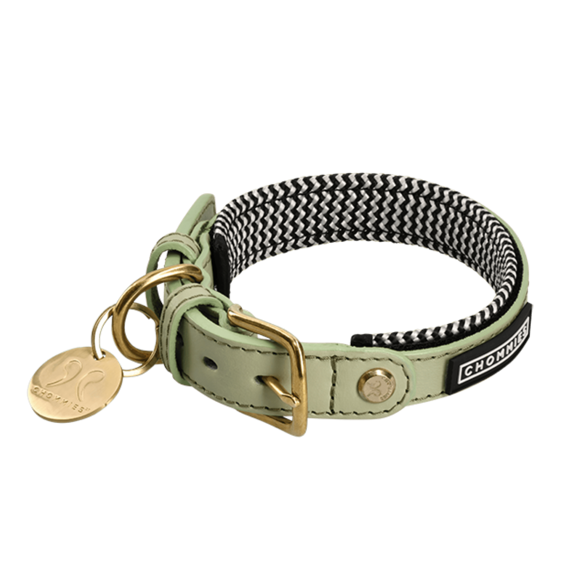 Dog collar with green leather strap, gold buckle, and black and white striped fabric on a transparent background.