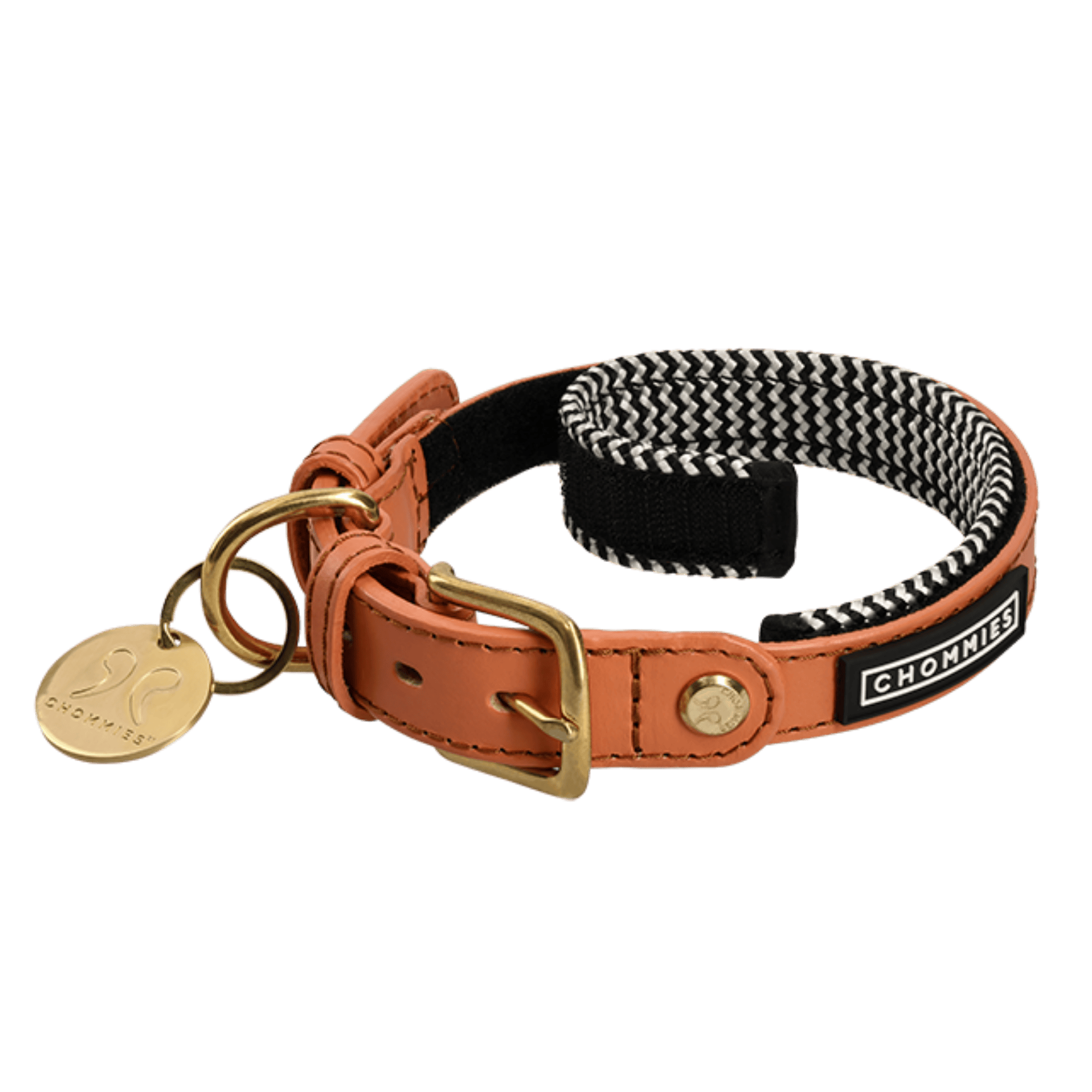 Orange Dog collar with braided design and leather accents on a transparent background