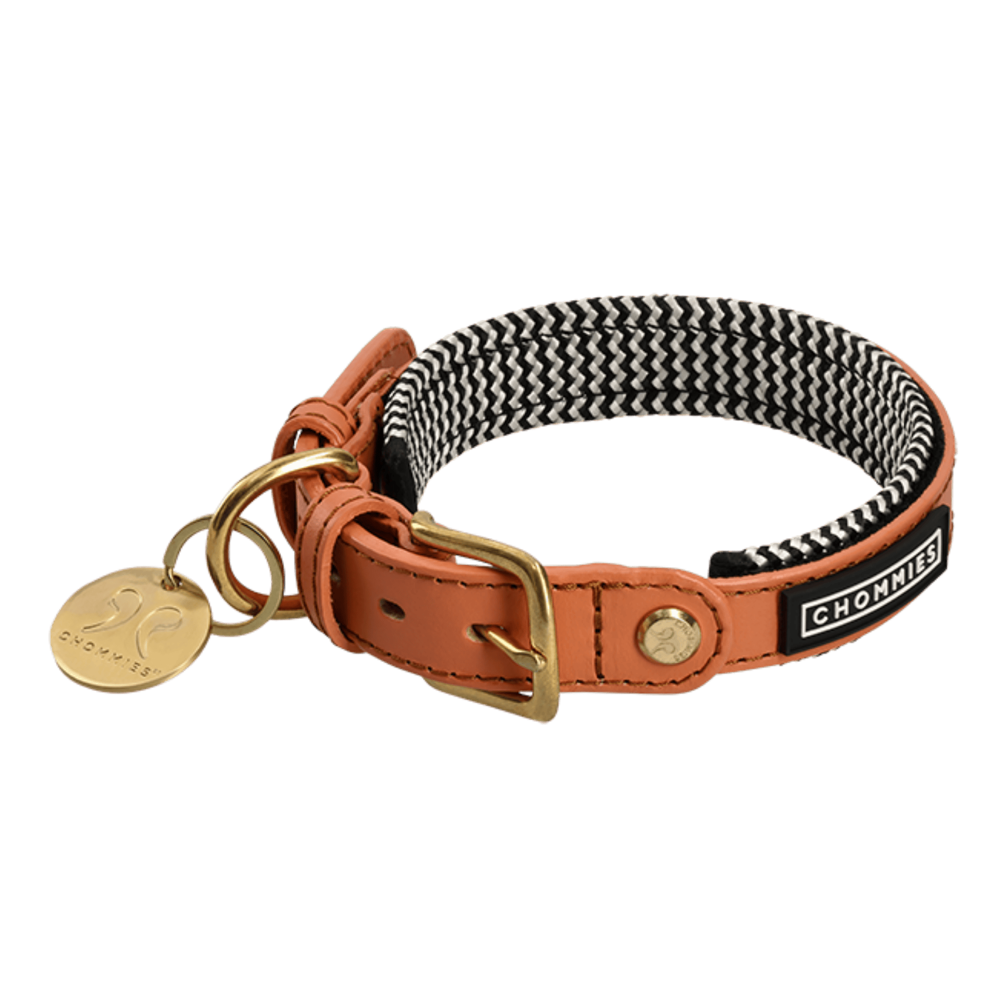 Orange Dog collar with braided design and leather accents on a transparent background