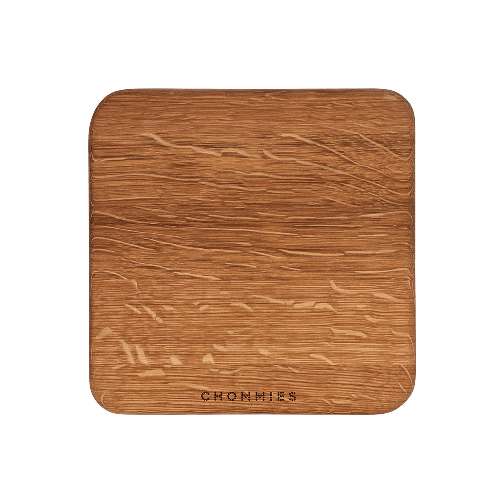 A square wooden board or tray with rounded corners, shown from above on a solid green background. The wood has a warm medium-brown grain pattern, and the brand name 'CHOMMIES' is printed in small black letters near the bottom center.