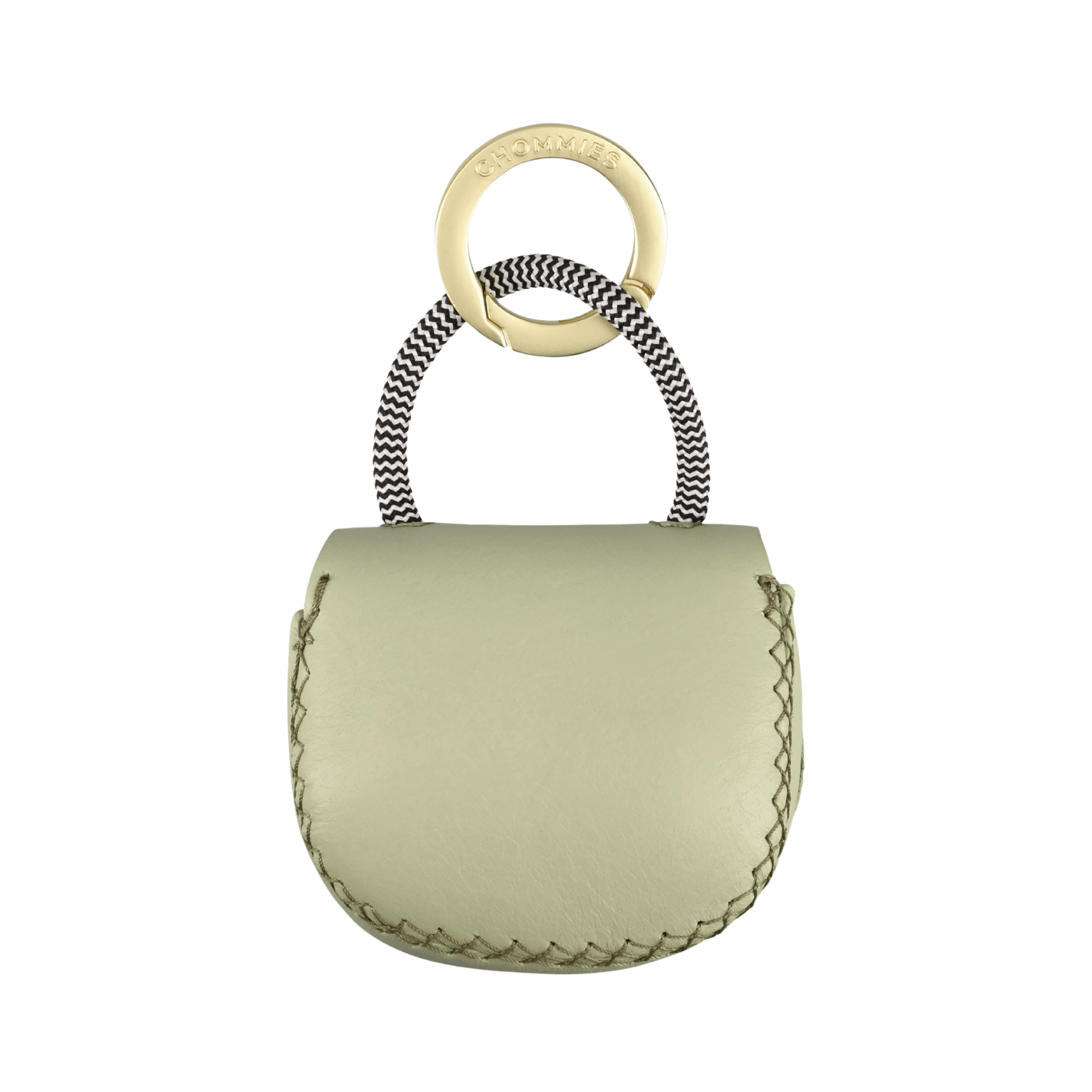 Small light green (buchu) poo bag with brass holder and rope strap on a transparent background