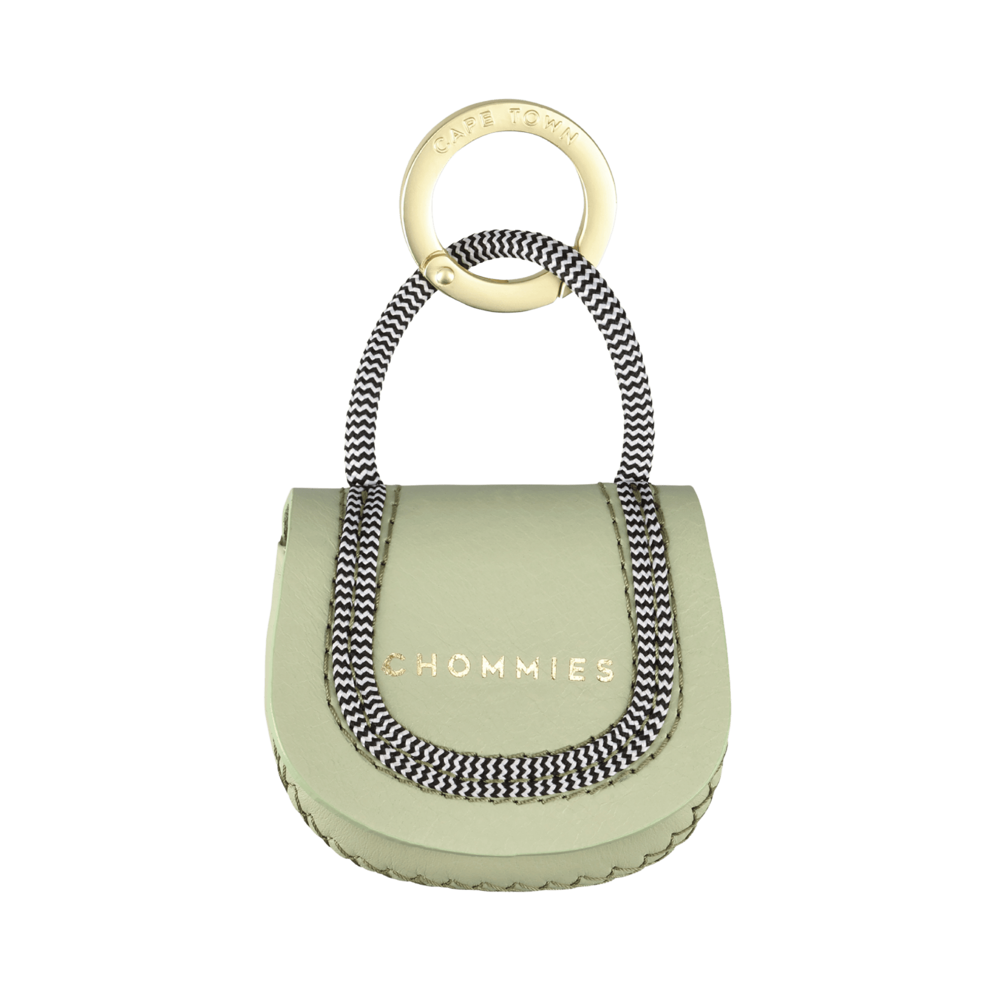 Small light green (buchu) poo bag with brass holder and rope strap on a transparent background