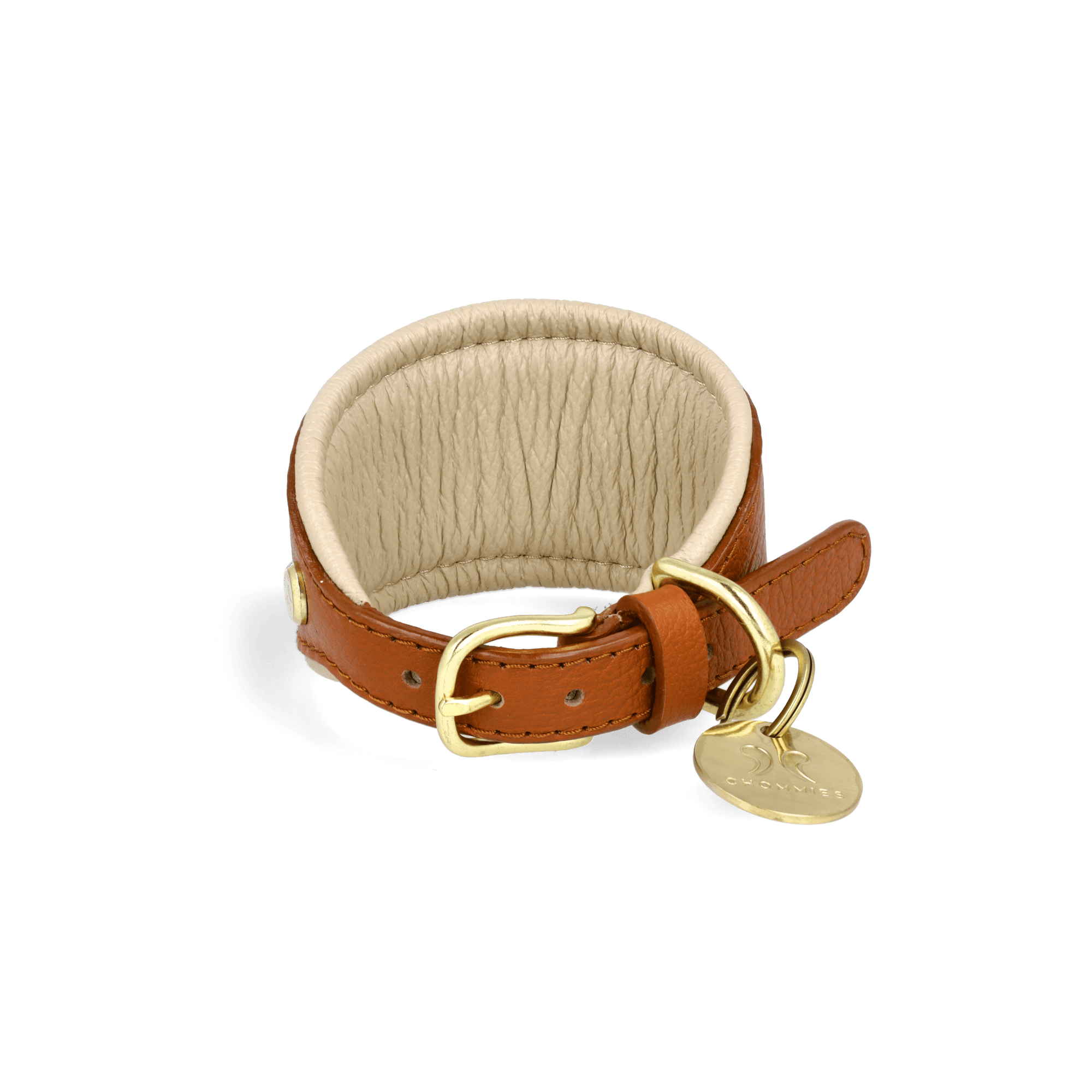 Brown leather dog collar with beige padding and gold buckle on a transparent background