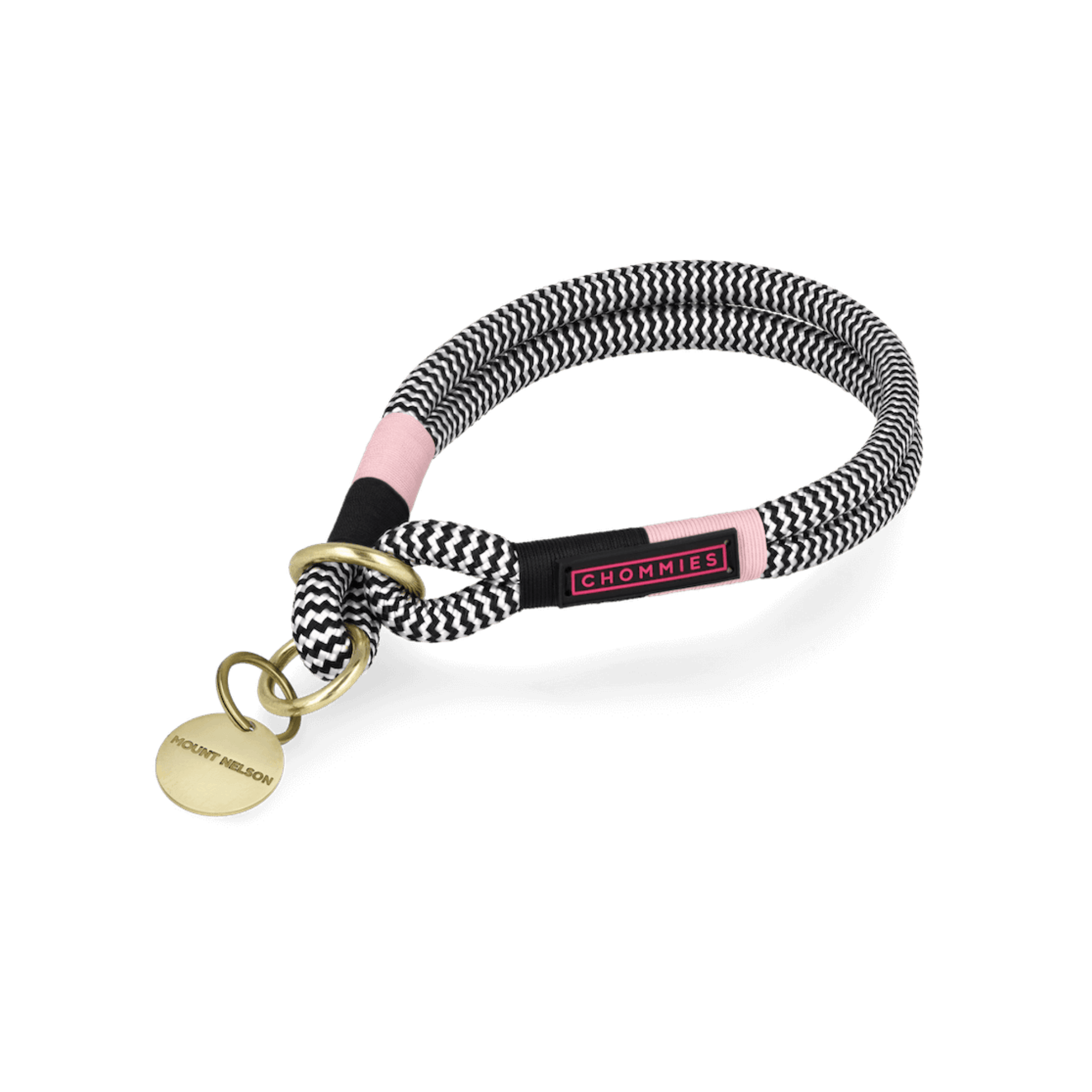 Slip on dog collar with woven black and white rope and  ropped pink accents on a transparent background