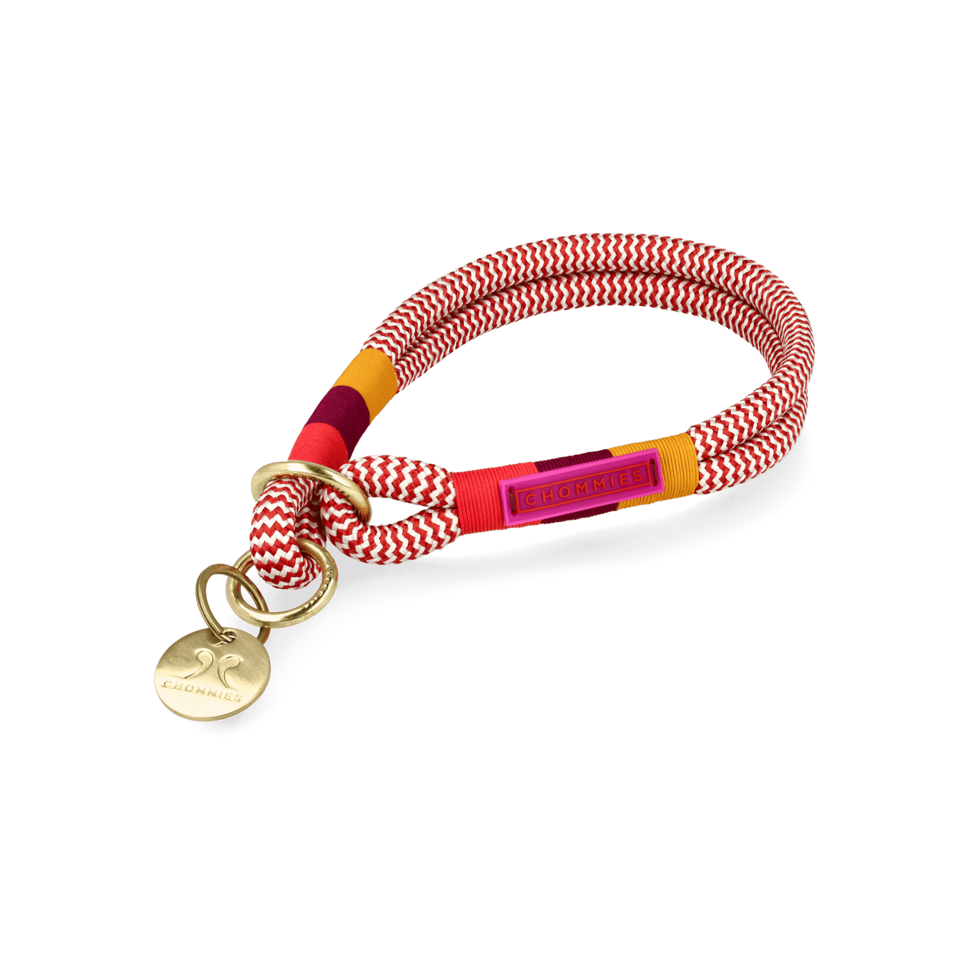 Slip on dog collar with woven black and white rope and ropped pink accents with brass clips on a transparent background