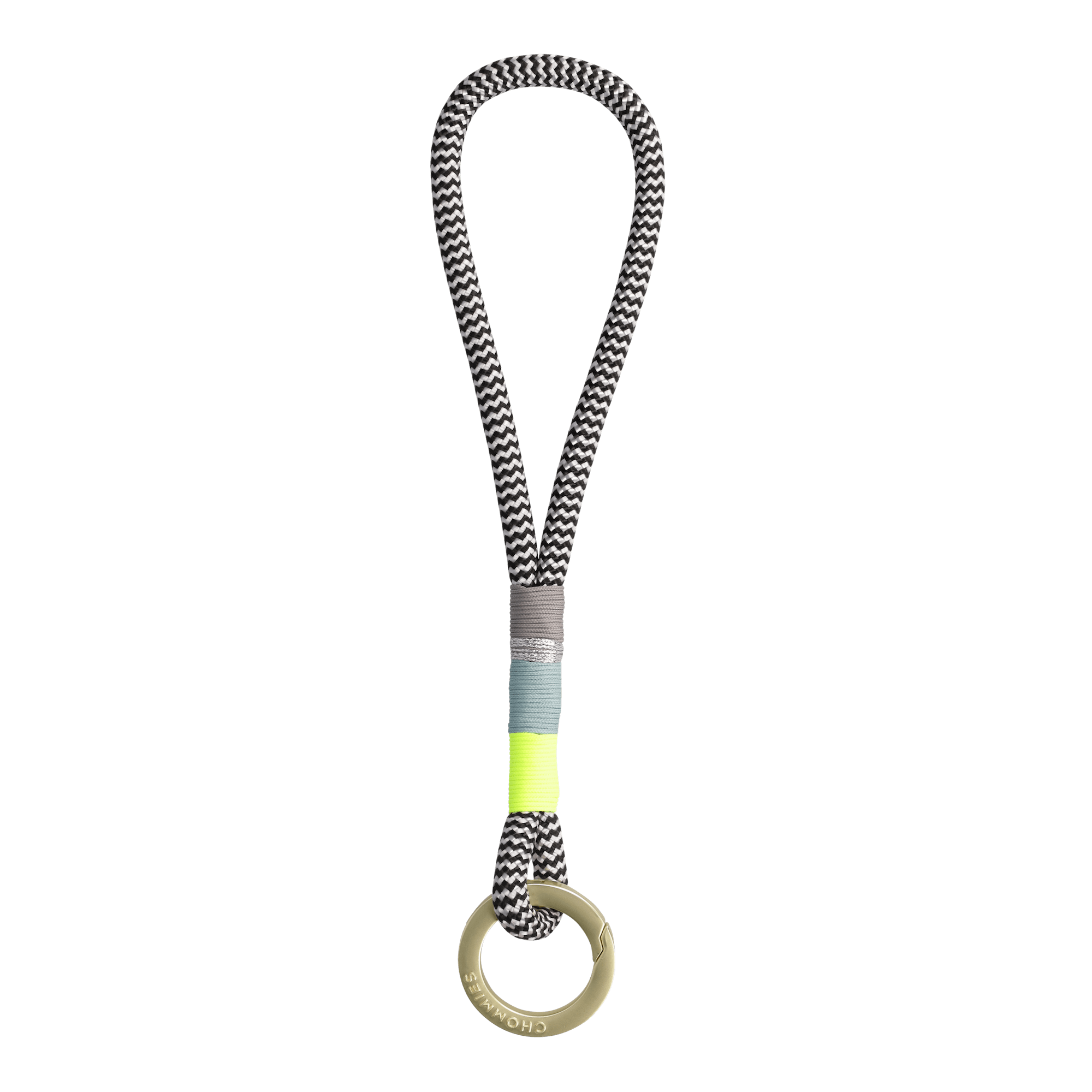 A sports keyring with a black and white rope and a solid brass round clip, featuring a yellow detail at the bottom.