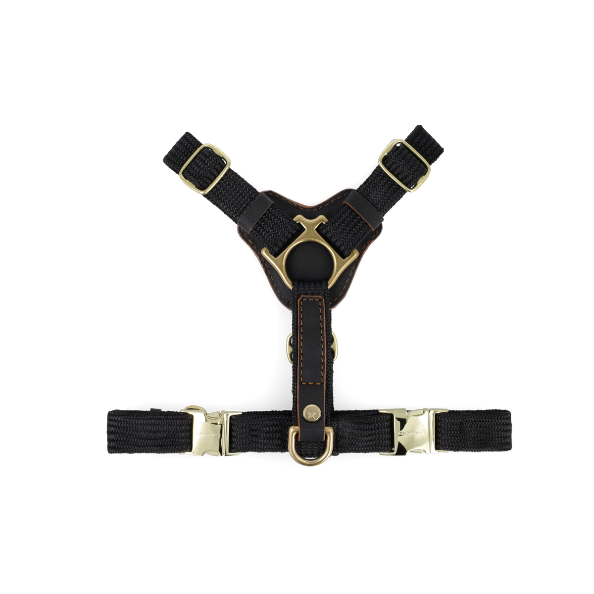 Black harness with gold hardware on a white background