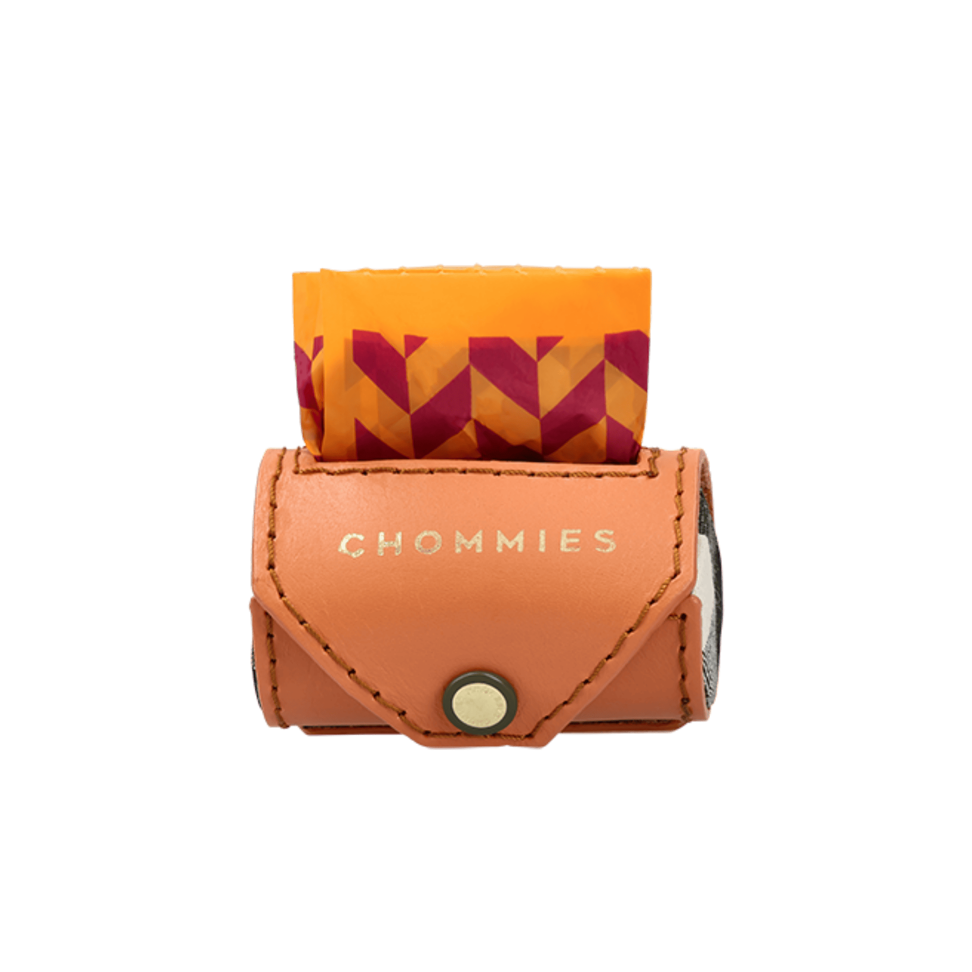 Peach  (Apricot )  leather poo bag  with a colorful fabric inside on a transparent background