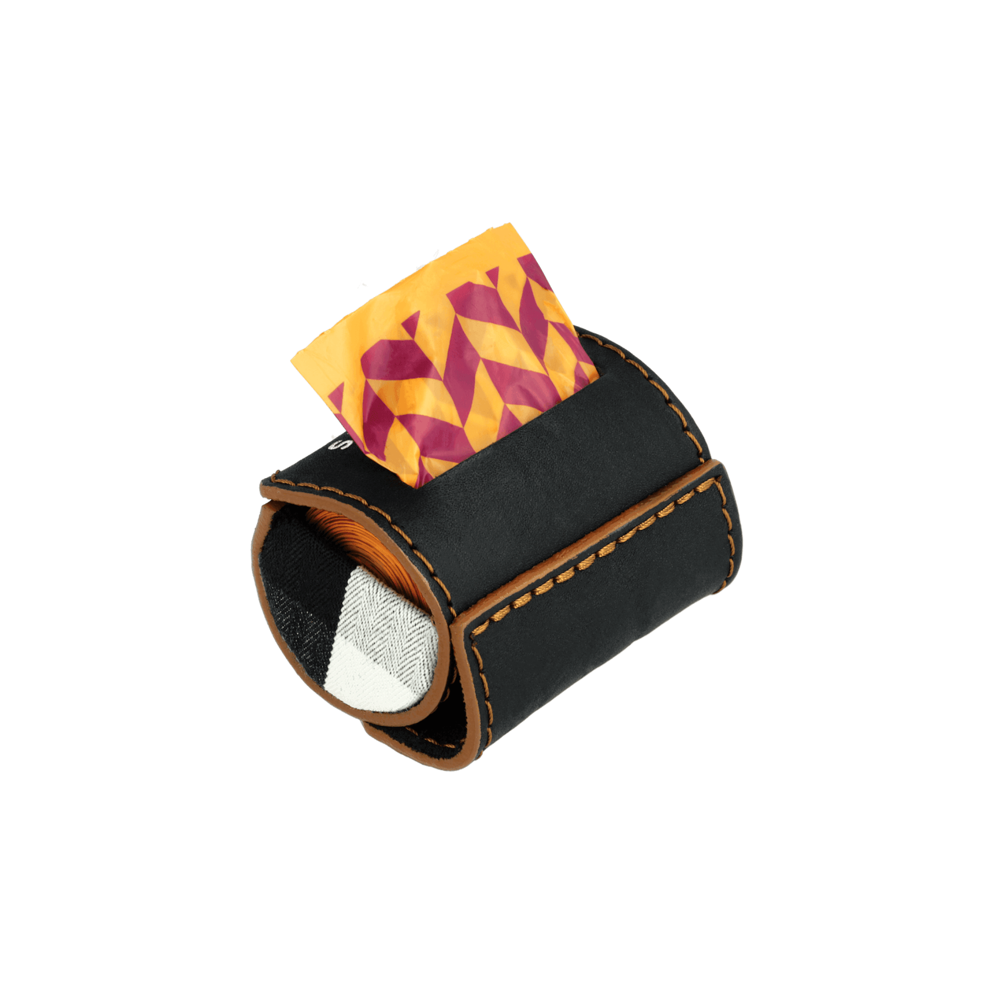 Black (Hendrix)  leather poo bag  with a colorful fabric inside on a transparent background