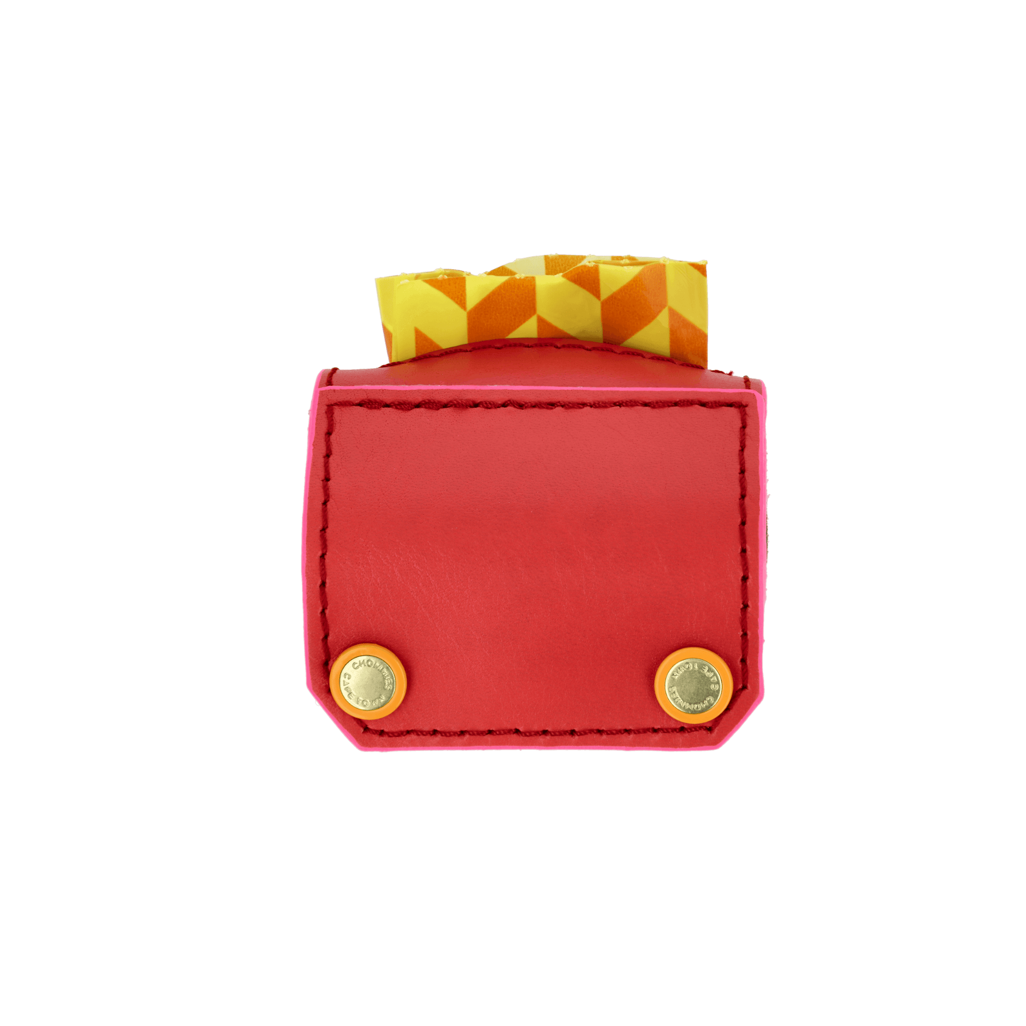 Red poo bag  with poo bags that are geometric pattern on top and gold chommies buttons on a transparent background