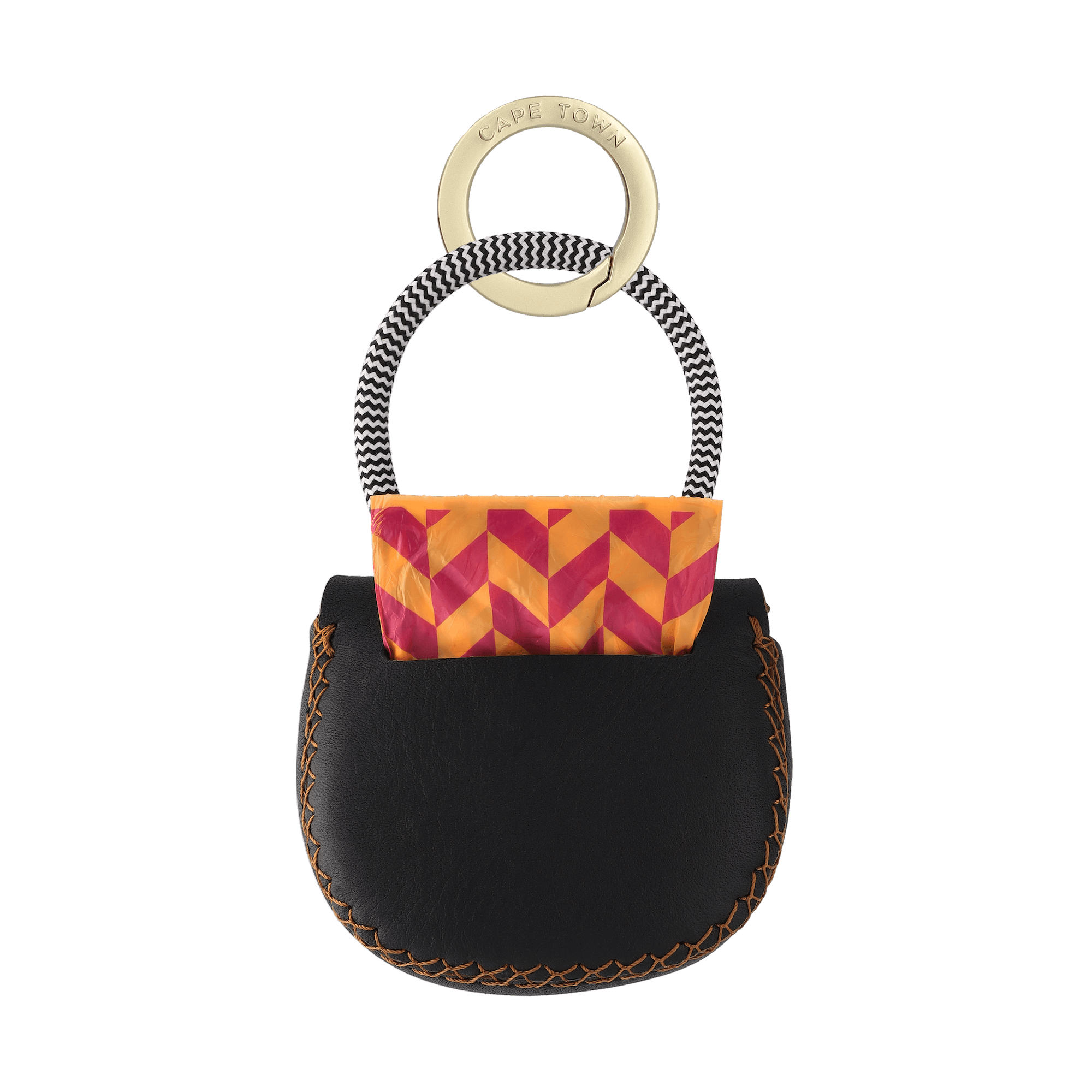 Black  (Hendrix) poo bag with brass holder and rope strap on a transparent background