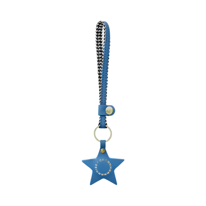 Blue star-shaped keychain with a chain on a white background