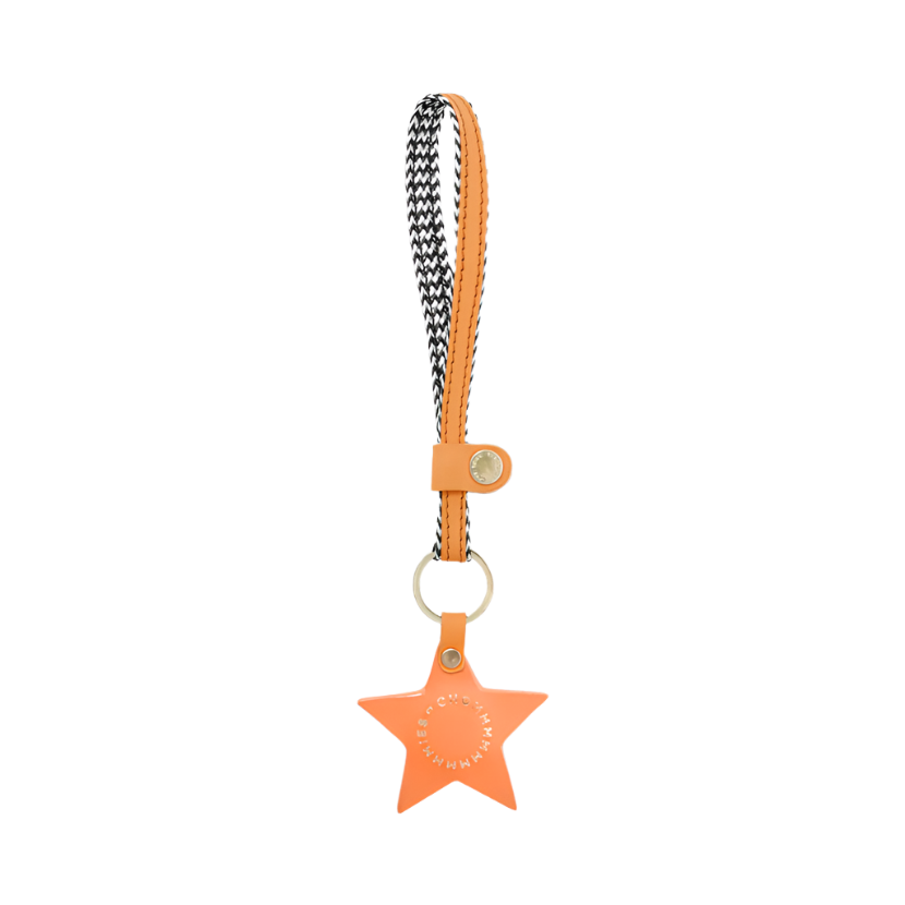 Orange Star-shaped keychain with a strap on a white background