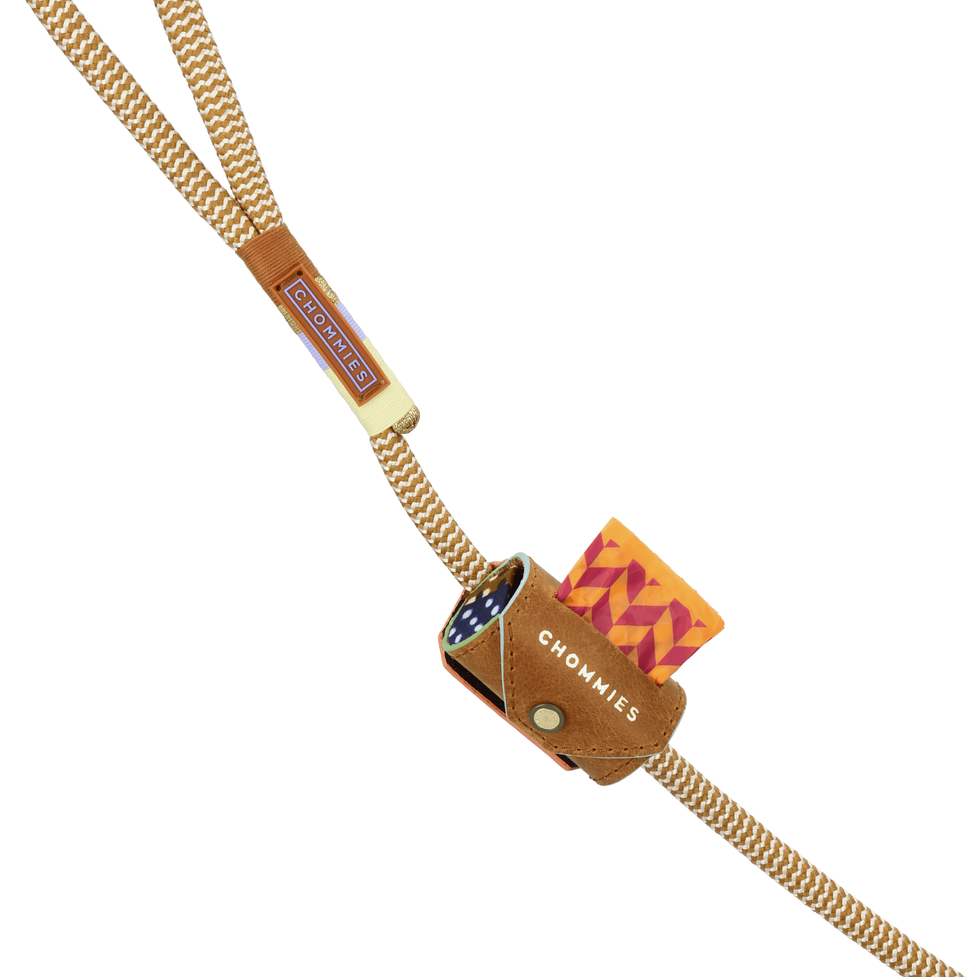 Dog leash with a leather pouch containing a lighter and matches on a transparent background