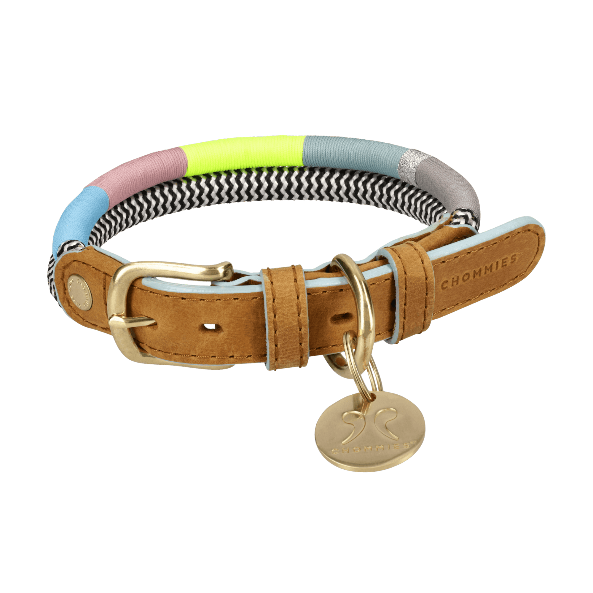 Slip on dog collar with woven black and white rope and  ropped multicolour  accents  with brass clips on a transparent background 